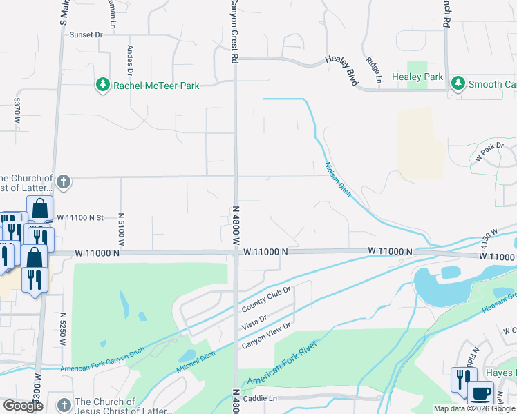 map of restaurants, bars, coffee shops, grocery stores, and more near 4767 Snowflake Drive in Highland