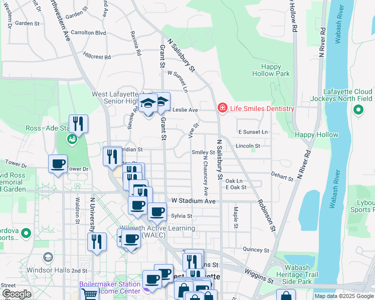 map of restaurants, bars, coffee shops, grocery stores, and more near 901 Vine Street in West Lafayette