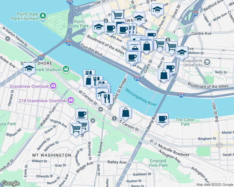 map of restaurants, bars, coffee shops, grocery stores, and more near Smithfield Street Bridge in Pittsburgh