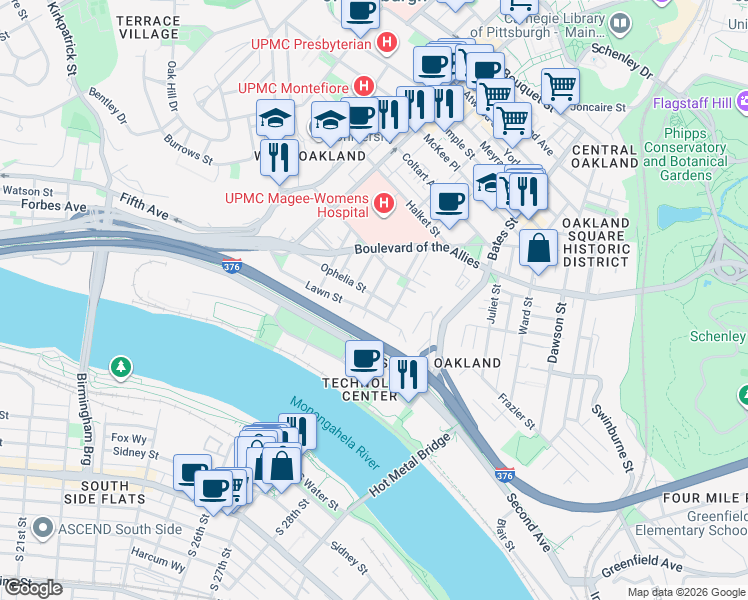 map of restaurants, bars, coffee shops, grocery stores, and more near 3101 Kennett Square in Pittsburgh