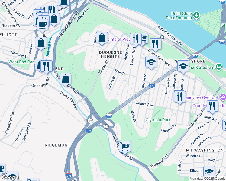 map of restaurants, bars, coffee shops, grocery stores, and more near 504 Augusta Street in Pittsburgh
