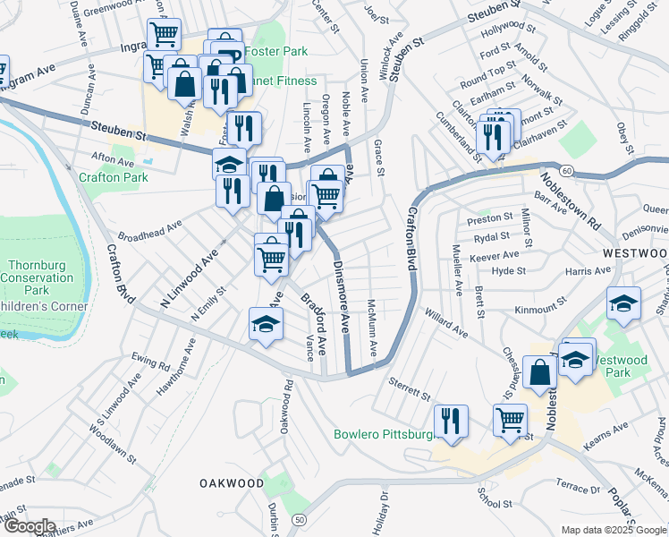 map of restaurants, bars, coffee shops, grocery stores, and more near 101 Dinsmore Avenue in Pittsburgh