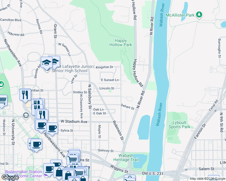 map of restaurants, bars, coffee shops, grocery stores, and more near 263 Lincoln Street in West Lafayette