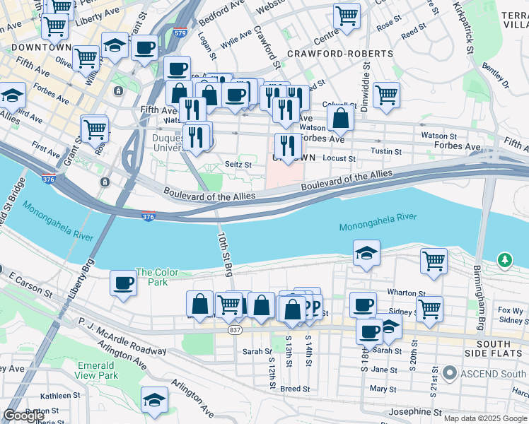 map of restaurants, bars, coffee shops, grocery stores, and more near Three Rivers Heritage Trail in Pittsburgh