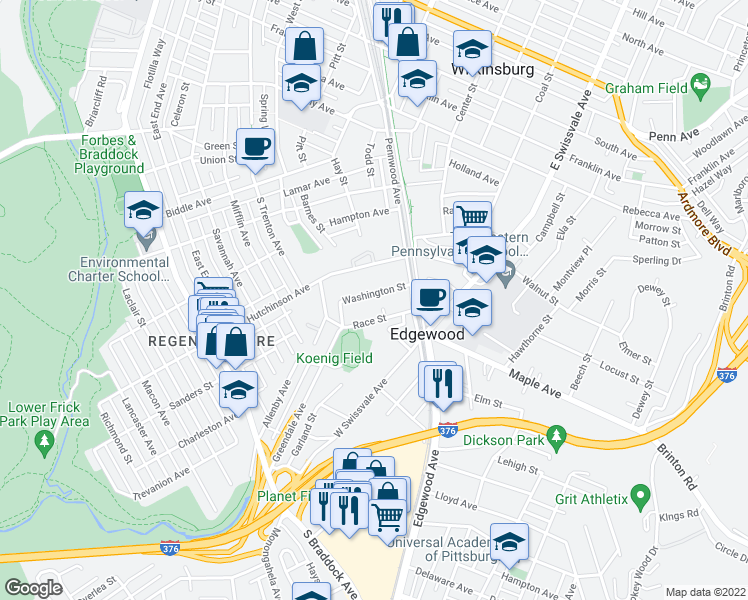 map of restaurants, bars, coffee shops, grocery stores, and more near 149 Washington Street in Swissvale