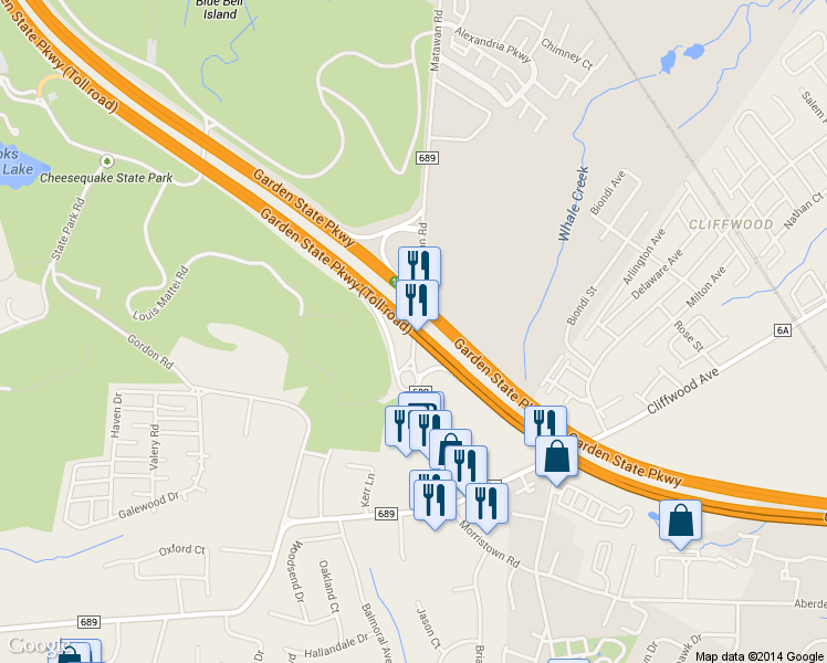 map of restaurants, bars, coffee shops, grocery stores, and more near 100 Matawan Road in South Amboy