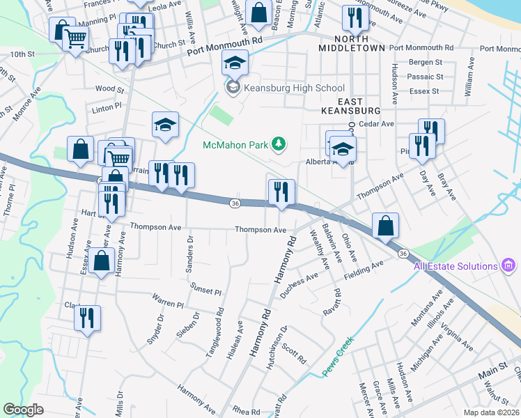 map of restaurants, bars, coffee shops, grocery stores, and more near 28 Grove Street in Middletown Township