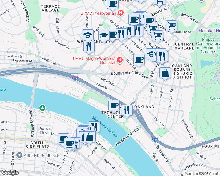 map of restaurants, bars, coffee shops, grocery stores, and more near 3101 Kennett Square in Pittsburgh