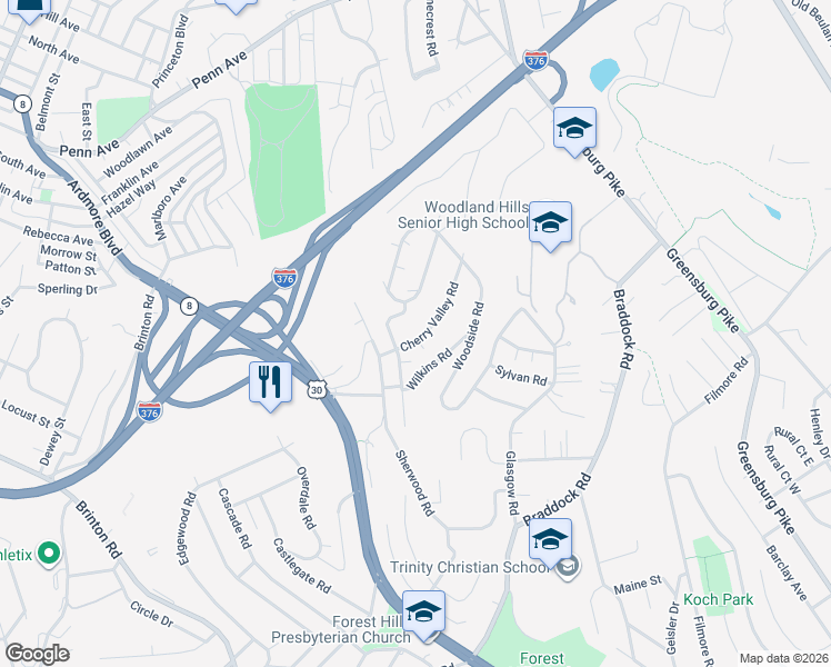 map of restaurants, bars, coffee shops, grocery stores, and more near 113 Cherry Valley Road in Pittsburgh