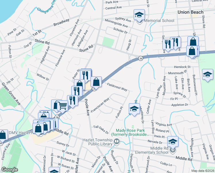 map of restaurants, bars, coffee shops, grocery stores, and more near 88 Fieldcrest Way in Hazlet