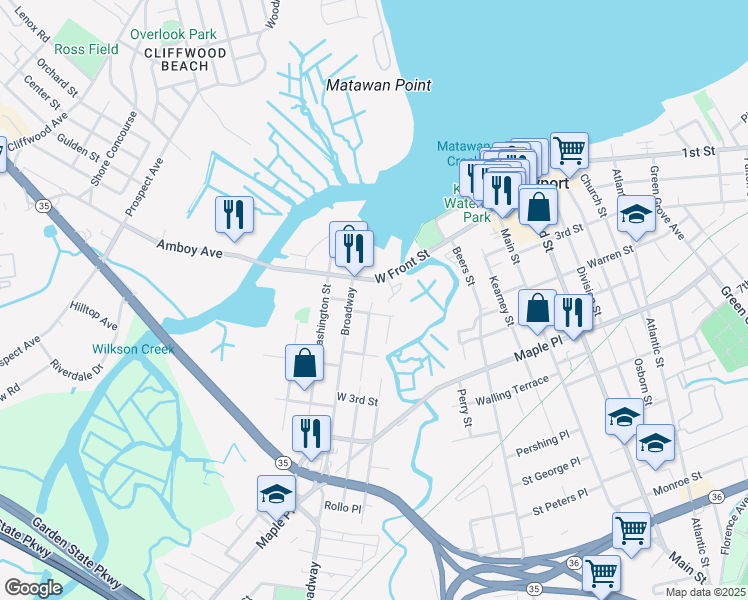 map of restaurants, bars, coffee shops, grocery stores, and more near 25 West First Street in Keyport