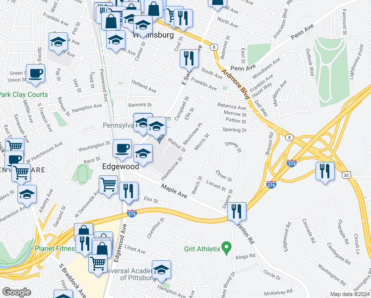 map of restaurants, bars, coffee shops, grocery stores, and more near 1305 Walnut Street in Pittsburgh