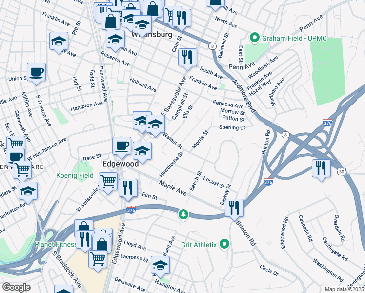 map of restaurants, bars, coffee shops, grocery stores, and more near 1305 Walnut Street in Pittsburgh