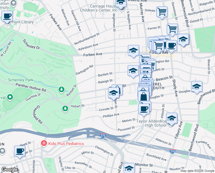 map of restaurants, bars, coffee shops, grocery stores, and more near 5539 Beacon Street in Pittsburgh