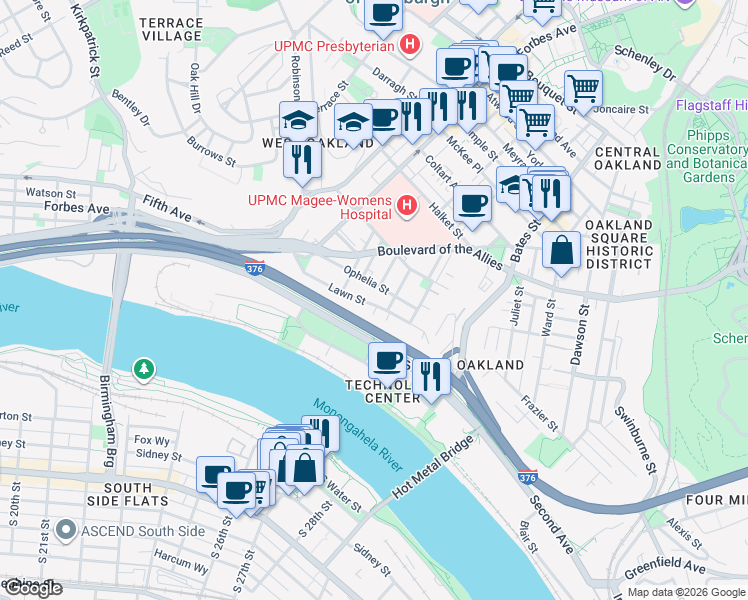 map of restaurants, bars, coffee shops, grocery stores, and more near 3101 Kennett Square in Pittsburgh