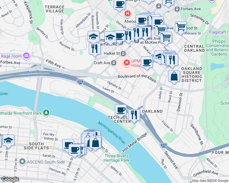 map of restaurants, bars, coffee shops, grocery stores, and more near 3101 Kennett Square in Pittsburgh