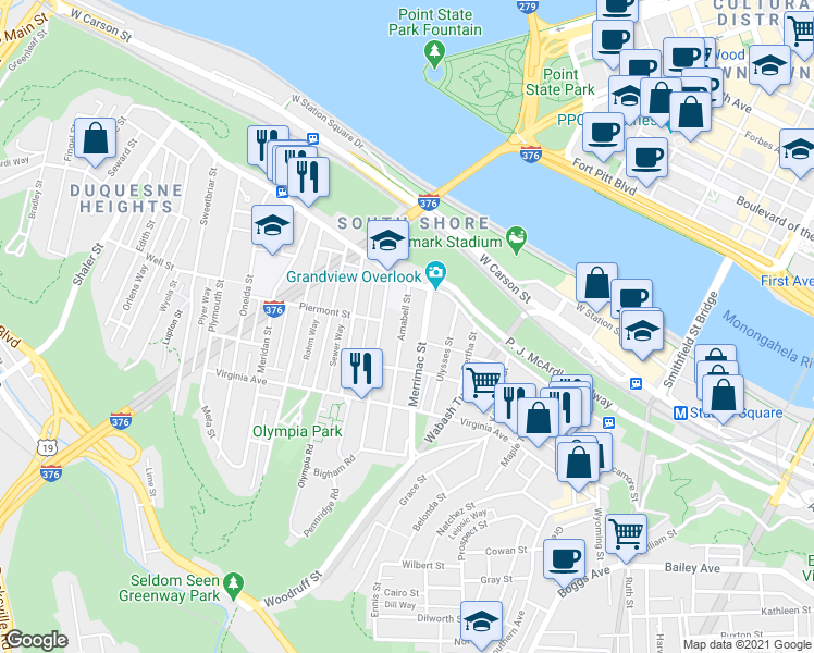 map of restaurants, bars, coffee shops, grocery stores, and more near 211 Bigham Street in Pittsburgh