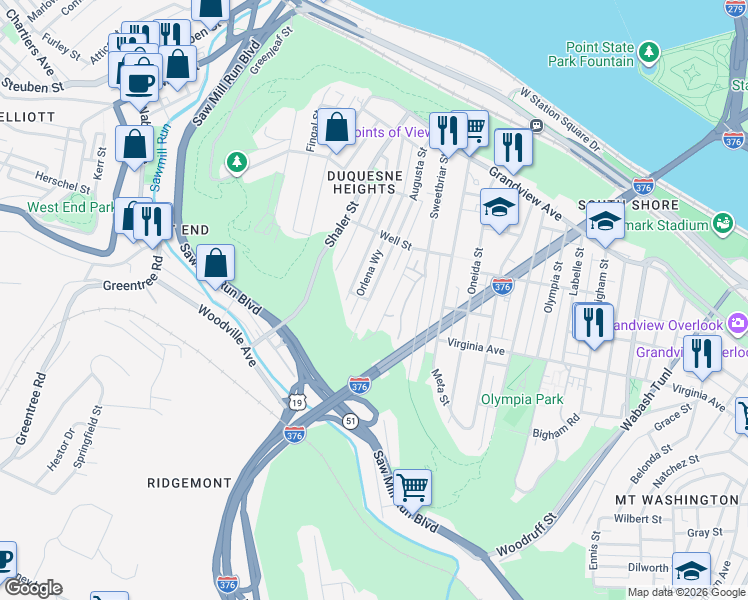 map of restaurants, bars, coffee shops, grocery stores, and more near 504 Augusta Street in Pittsburgh