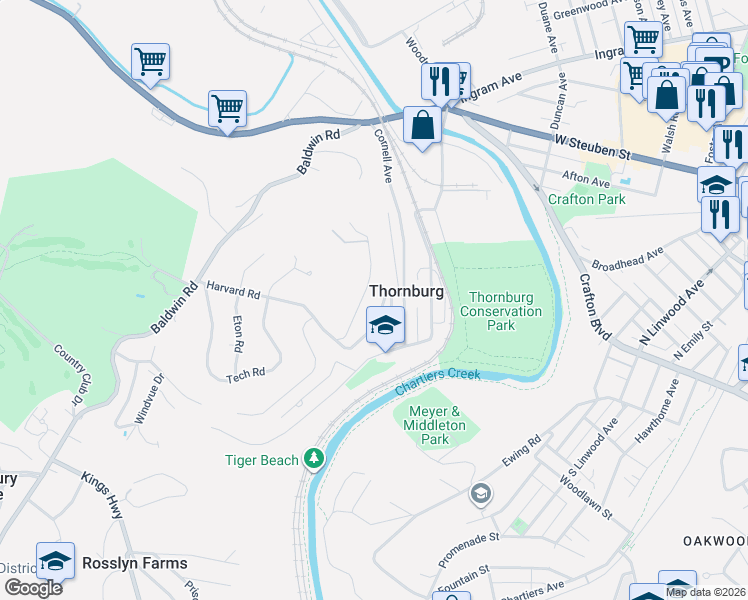 map of restaurants, bars, coffee shops, grocery stores, and more near 1100 Harvard Road in Pittsburgh