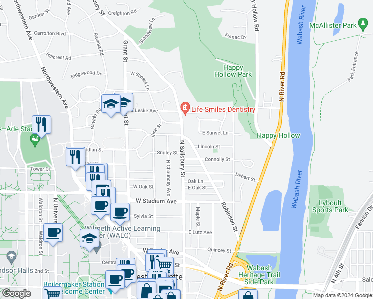 map of restaurants, bars, coffee shops, grocery stores, and more near 850 North Salisbury Street in West Lafayette