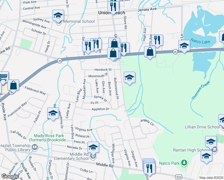 map of restaurants, bars, coffee shops, grocery stores, and more near 20 Birch Avenue in Hazlet
