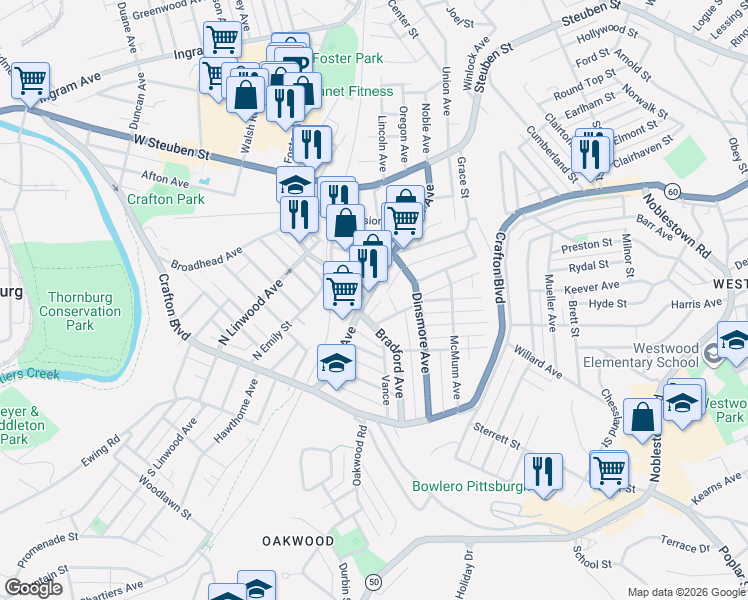 map of restaurants, bars, coffee shops, grocery stores, and more near 98 Noble Avenue in Pittsburgh