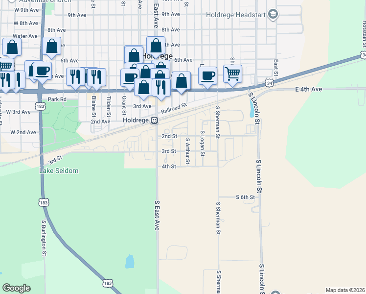 map of restaurants, bars, coffee shops, grocery stores, and more near 3rd Street in Holdrege