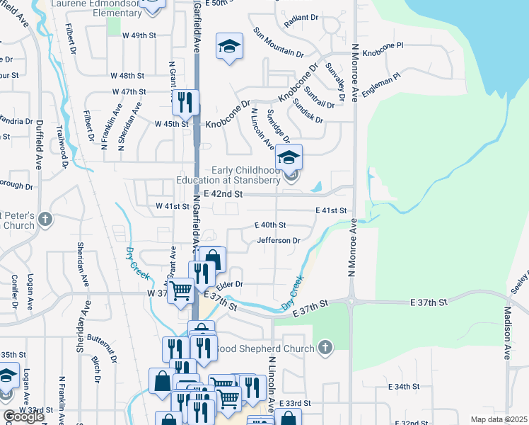 map of restaurants, bars, coffee shops, grocery stores, and more near 372 East 41st Court in Loveland