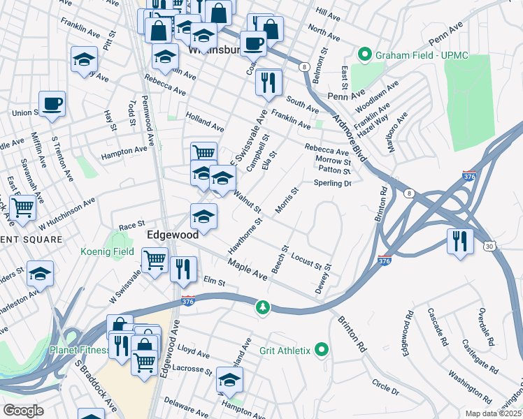 map of restaurants, bars, coffee shops, grocery stores, and more near 1305 Walnut Street in Pittsburgh