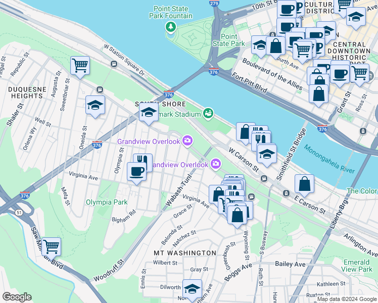 map of restaurants, bars, coffee shops, grocery stores, and more near Grandview Ave & Bertha St in Pittsburgh
