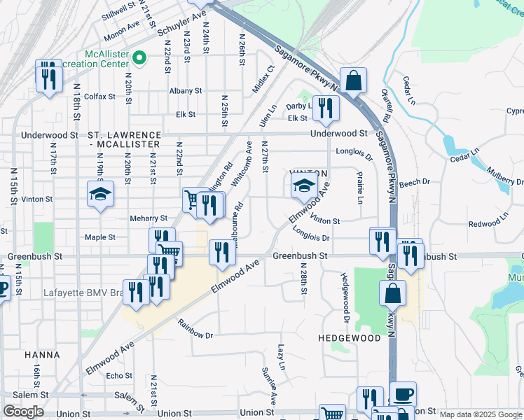 map of restaurants, bars, coffee shops, grocery stores, and more near 1701 Dearborn St in Lafayette