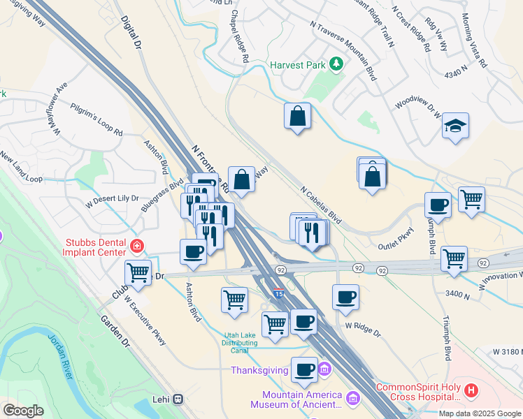 map of restaurants, bars, coffee shops, grocery stores, and more near 3750 North Frontage Road in Lehi