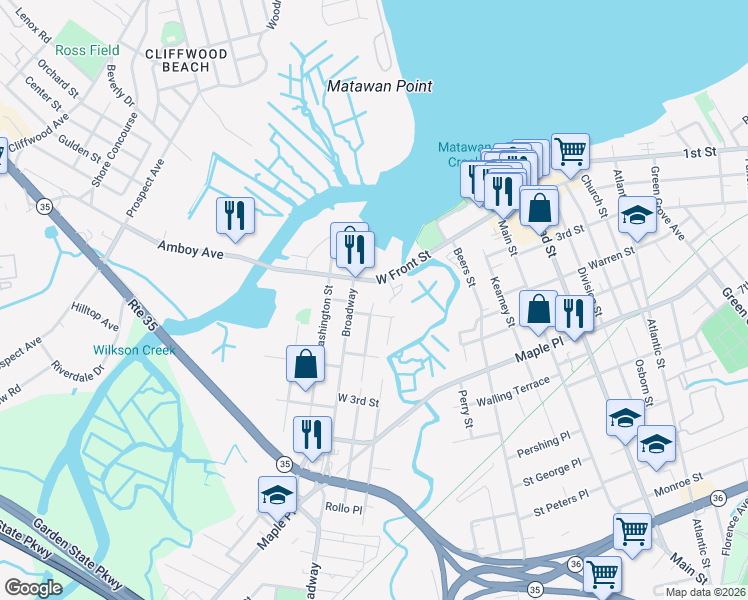 map of restaurants, bars, coffee shops, grocery stores, and more near 75 Broadway in Keyport