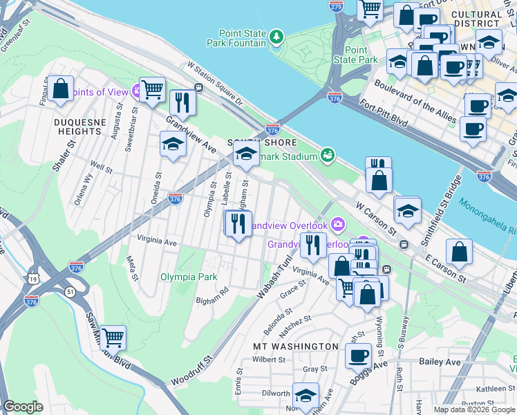 map of restaurants, bars, coffee shops, grocery stores, and more near 145 Amabell Street in Pittsburgh