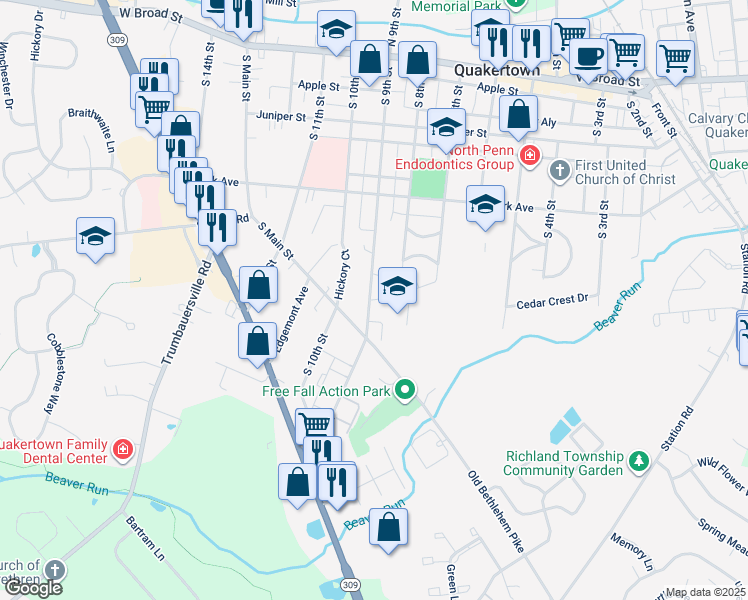 map of restaurants, bars, coffee shops, grocery stores, and more near 303 South 9th Street in Quakertown