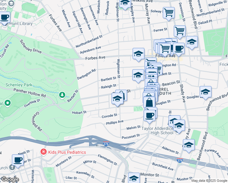 map of restaurants, bars, coffee shops, grocery stores, and more near 5539 Beacon Street in Pittsburgh