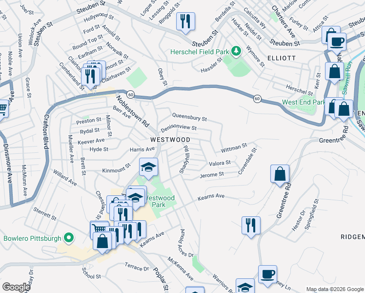 map of restaurants, bars, coffee shops, grocery stores, and more near 227 Shadyhill Road in Pittsburgh