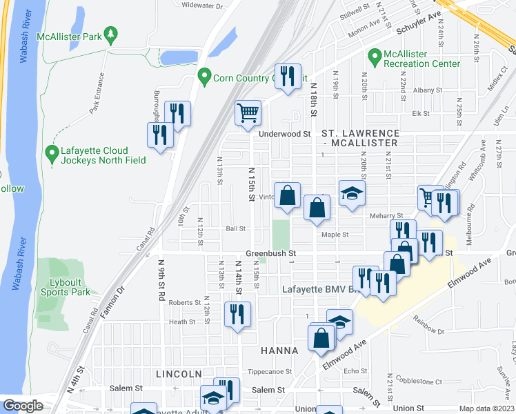 map of restaurants, bars, coffee shops, grocery stores, and more near 1633 North 15th Street in Lafayette