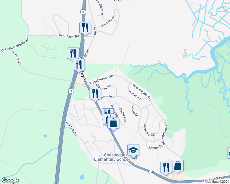 map of restaurants, bars, coffee shops, grocery stores, and more near 37 Crassas Street in South Amboy