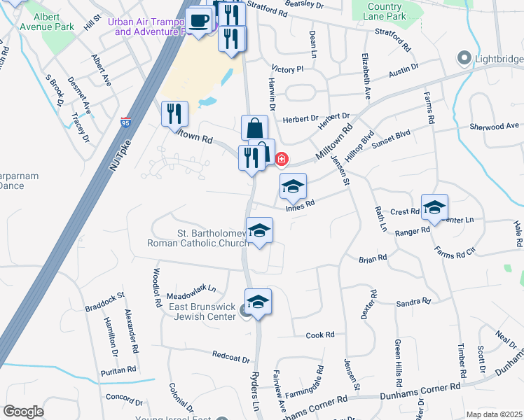 map of restaurants, bars, coffee shops, grocery stores, and more near 456 Ryders Lane in East Brunswick