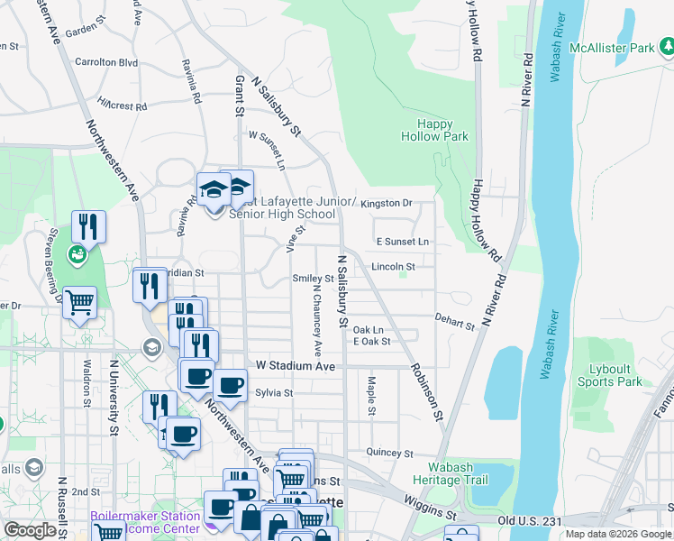 map of restaurants, bars, coffee shops, grocery stores, and more near 850 North Salisbury Street in West Lafayette