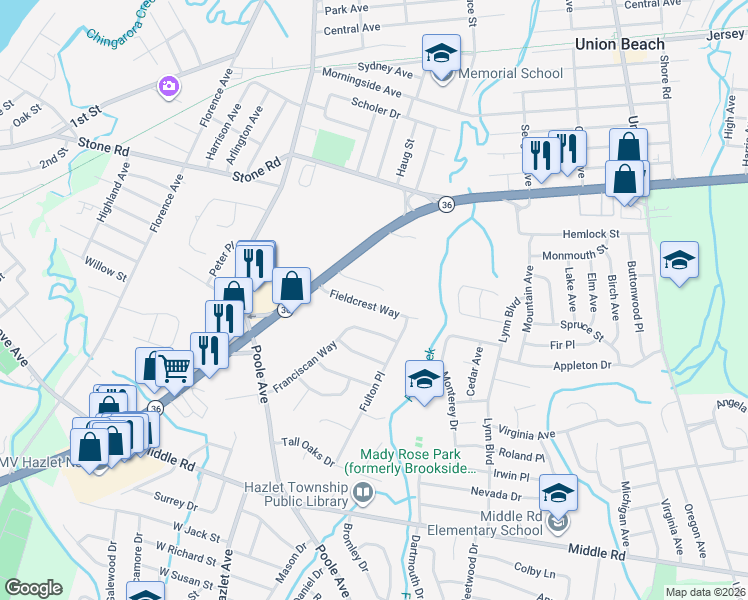 map of restaurants, bars, coffee shops, grocery stores, and more near 71 Fieldcrest Way in Hazlet