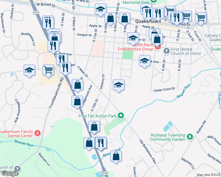 map of restaurants, bars, coffee shops, grocery stores, and more near 303 South 9th Street in Quakertown