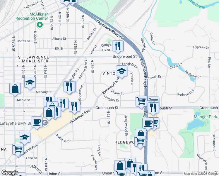 map of restaurants, bars, coffee shops, grocery stores, and more near 3101 Elmwood Avenue in Lafayette