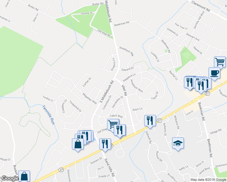 map of restaurants, bars, coffee shops, grocery stores, and more near 90 Columbus Drive in Franklin Township