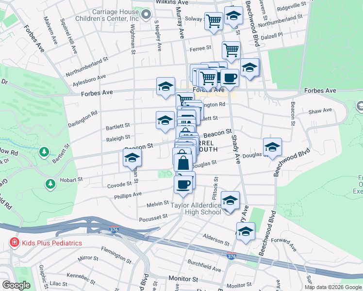 map of restaurants, bars, coffee shops, grocery stores, and more near 2024 Murray Avenue in Pittsburgh