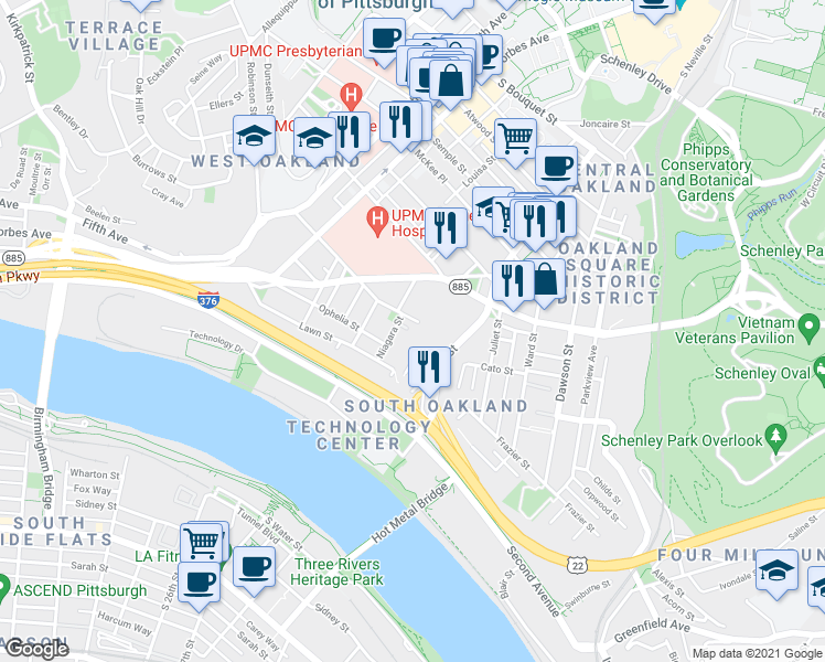 map of restaurants, bars, coffee shops, grocery stores, and more near 22 Mackey Street in Pittsburgh
