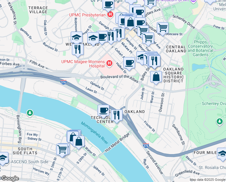 map of restaurants, bars, coffee shops, grocery stores, and more near 3201 Niagara Street in Pittsburgh