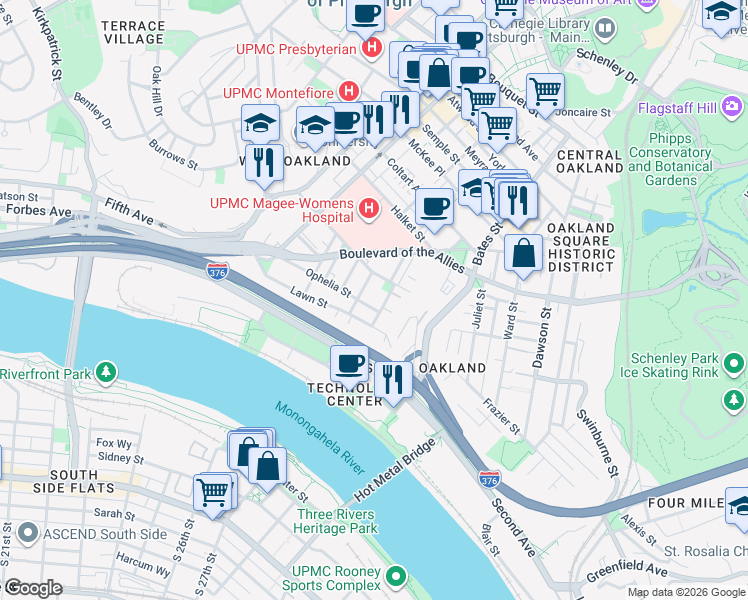 map of restaurants, bars, coffee shops, grocery stores, and more near 3201 Niagara Street in Pittsburgh