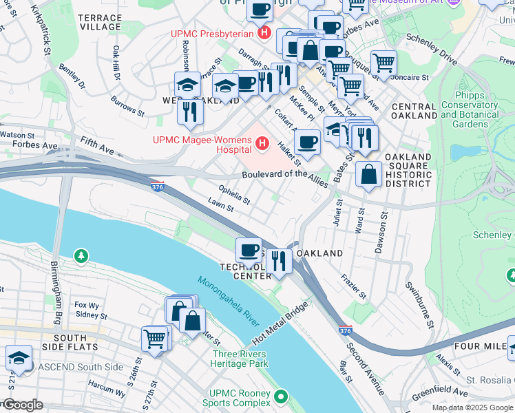map of restaurants, bars, coffee shops, grocery stores, and more near 3201 Niagara Street in Pittsburgh